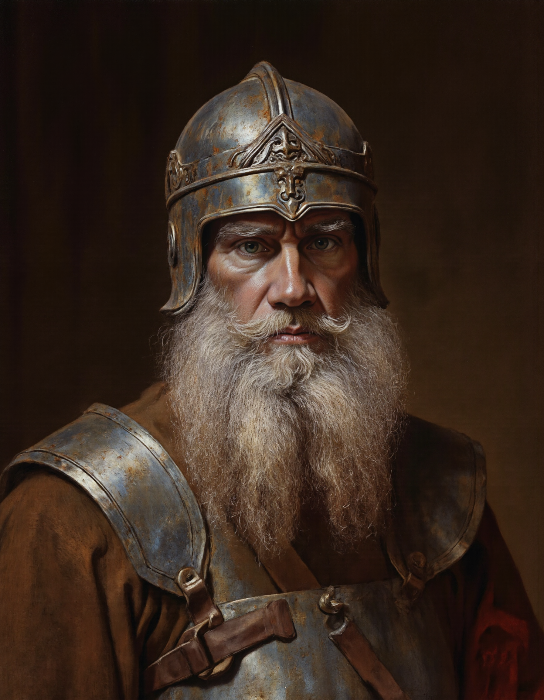 Rembrandt style <lora:DB:1>, This is a highly detailed digital painting of an elderly man with a rugged, weathered appearance. He is adorned in ancient Roman or Greek-style armor, featuring a metallic helmet with intricate, ornate designs and a stylized face on the front. The helmet's surface is polished to a reflective sheen, showcasing the craftsmanship and antiquity of the piece. The man's facial expression is stern and contemplative, with deep-set eyes and a thick, bushy white beard that cascades down to his chest. His skin is tanned and wrinkled, indicating years of exposure to the elements. He wears a brown leather tunic, which is visible around his shoulders, with a strap across his chest that secures the armor. The background is a blurred, gradient mix of dark browns and blacks, emphasizing the subject without distracting from his detailed features. The texture of the armor and the man's skin is rendered with meticulous attention to detail, highlighting the realism and historical accuracy of the artwork. The overall style is realistic with a slight emphasis on hyperrealism, capturing the essence of ancient warriors and their equipment in a contemporary digital medium., <lora:t0lst0y:1> . Baroque, chiaroscuro, realistic, emotional, "flat lighting