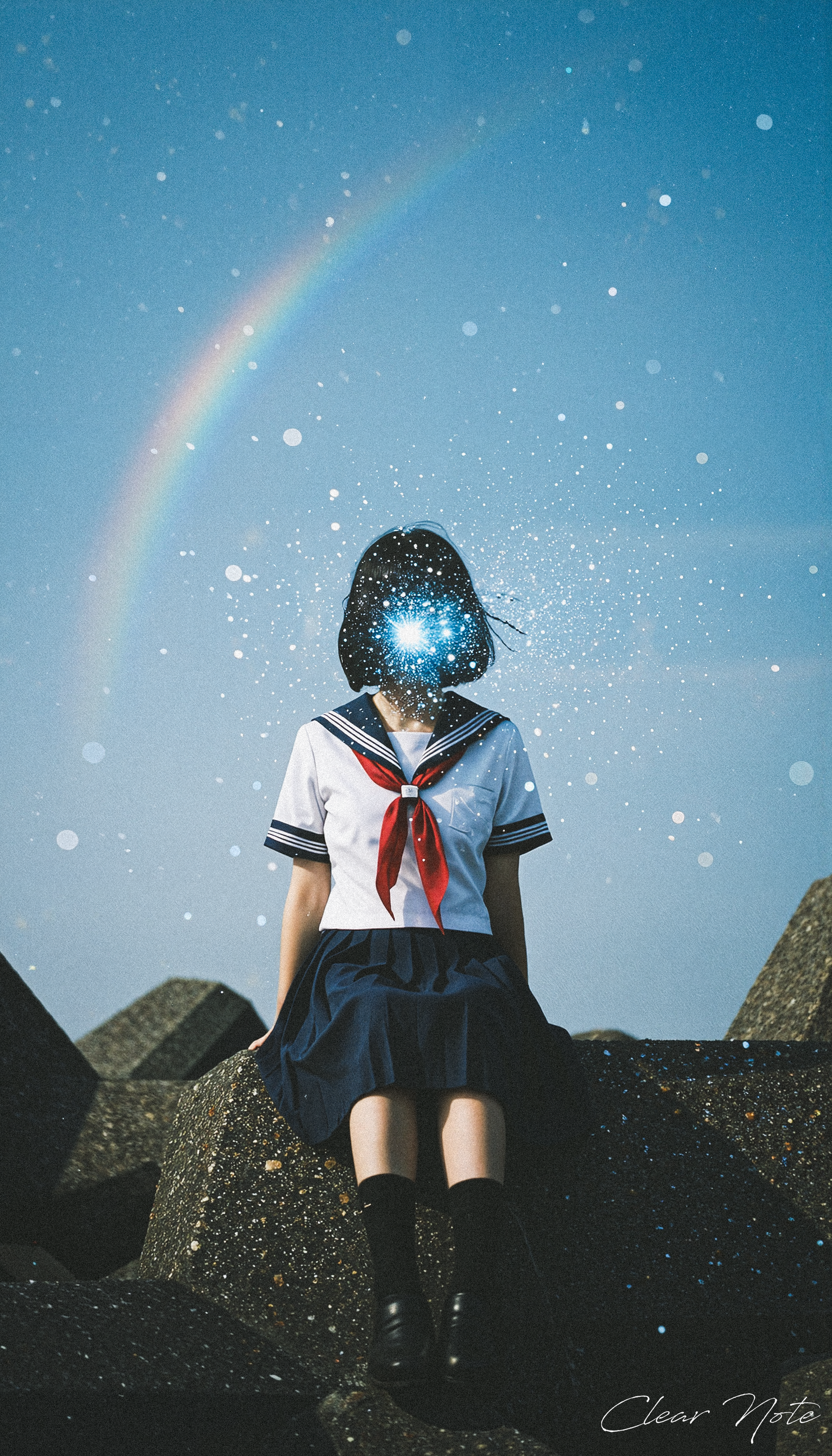 Japanese Culture Style, Emotional Photos, 35mm film, A girl in a Japanese sailor uniform is sitting on a breakwater., her face dissolving into sparkling blue stardust.