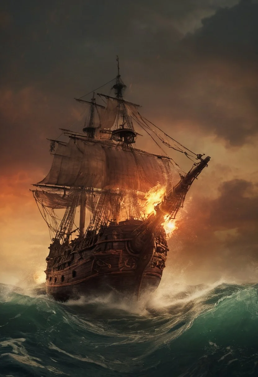 pirate ship, sailing in the rough ocean, moody, with a high-budget. The image has a film grain and is very detailed, with a photo realistic, candid camera effect. The color grading is cinematic, with eye-catching light and natural imperfections, cannon firing on side deck, reddish sky (0.5), explosion, fire