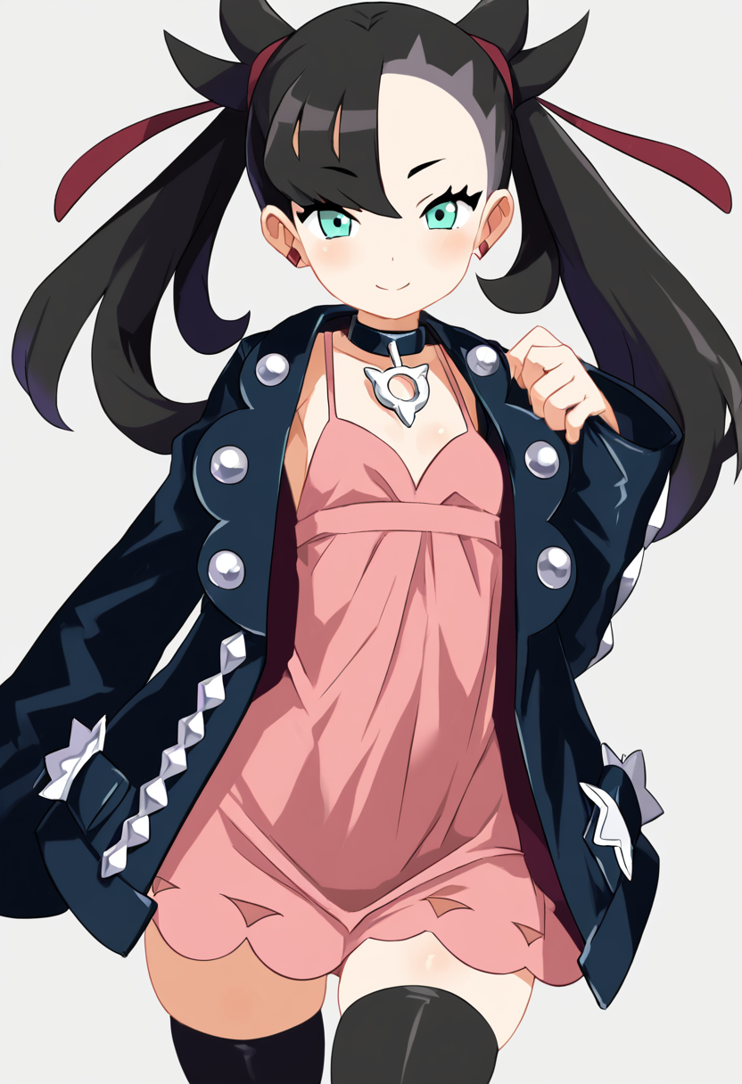 (masterpiece, best quality, good quality, very aesthetic, absurdres, newest:1.2),  zzMarnie, aqua eyes, black choker, red ribbon, pink dress, jewelry, black jacket, open clothes, long sleeves, skindentation, curvy, wide hips,   ,     <lora:MarniePokemon_NAI_v2:1.0>, , smile, looking at viewer, cowboy shot,  ,<lora:HaradaTakehito_NAI:1.0>,
