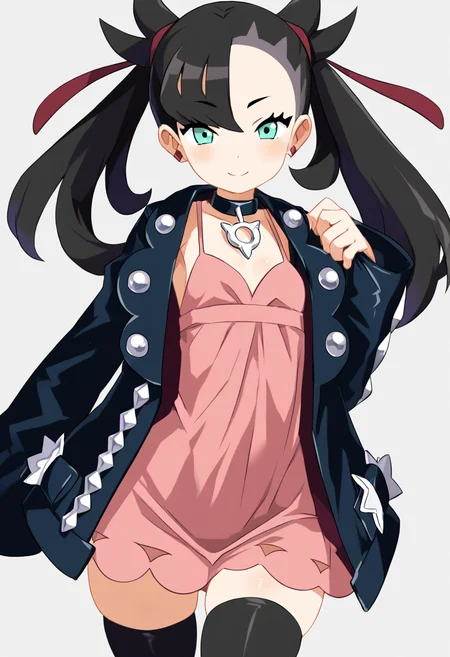 (masterpiece, best quality, good quality, very aesthetic, absurdres, newest:1.2), zzMarnie, aqua eyes, black choker, red ribbon, pink dress, jewelry, black jacket, open clothes, long sleeves, skindentation, curvy, wide hips, , <lora:MarniePokemon_NAI_v2:1.0>, , smile, looking at viewer, cowboy shot, ,<lora:HaradaTakehito_NAI:1.0>,