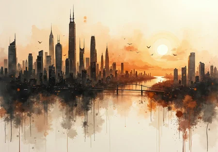 A sweeping cityscape unfurls across delicate rice paper, painted with expressive ink splashes and translucent watercolor washes. The skyline bristles with ultramodern skyscrapers—sleek, asymmetrical, and luminescent—rendered in layered tones of rich sepia, burnt henna, and jet ink. clear, gradient sky, diffused into the paper’s fibers. This piece blends classic East Asian ink painting aesthetics with futuristic precision—think Hokusai meets Syd Mead. Lighting is soft but radiant, as if internal energy pulses through the city’s veins. Emphasize broad brushwork, chaotic ink bursts, and delicate tonal transitions