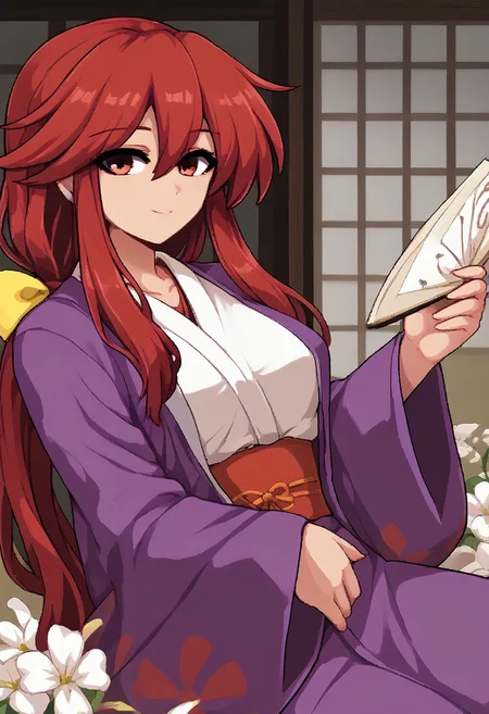 score_9, score_7_up, source_anime, score_cartoon, BREAK, colorful, aesthetic, illustration, kotohime (touhou), long hair, red hair, red eyebrows, hair between eyes, bangs, sidelocks, low-tied long hair, tied hair, low ponytail, hair ribbon, yellow ribbon, red eyes, breasts, purple coat, floral print, kimono, obi, wide sleeves