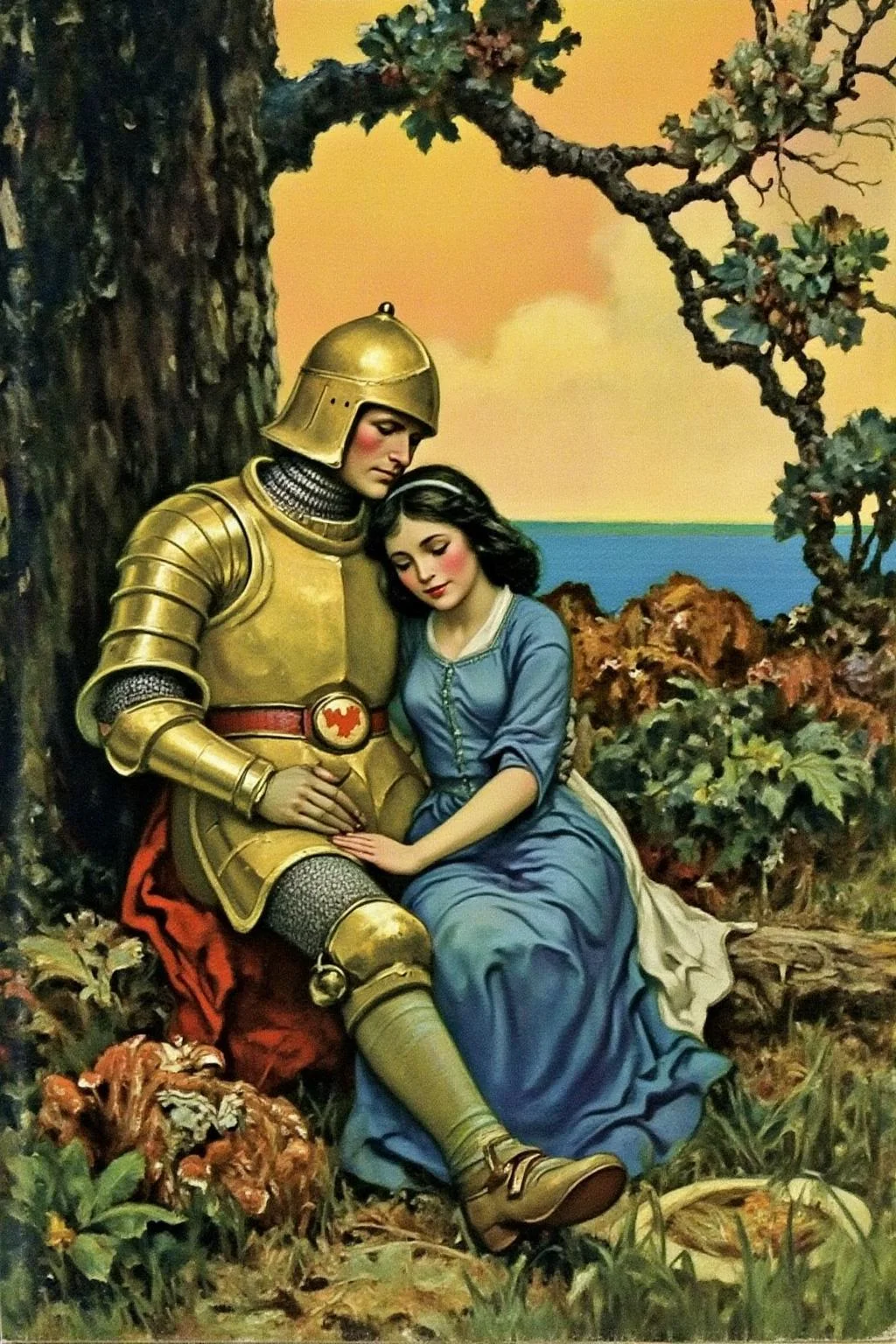 schoonover1 illustration.
A blonde knight and a lady sitting under a tree. The lady has dark hair and is wearing a blue dress. The knight is sleeping with his head on the leg of the lady, <lora:schoonover1_cap_d6a3e11:1.0><lora:831467739932526481:0>