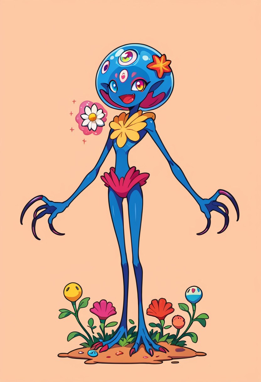 score_9, score_8_up, score_7_up, 
(solo:1.3), 1other, alien creature, monster, claws, 
flat color, no lineart, simple background, no humans, happy, smile, joy, 
heterochromia, flower, multicolored eyes, looking at viewer, full body, animal, multiple eyes, 
starfish, magic, alien,