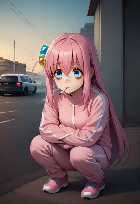 score_9, score_8_up, score_7_up, score_6_up, 1girl, squatting, smoking, fog, realistic, photo, hitori gotou, blue eyes, cube hair ornament, hair between eyes, hair ornament, pink hair, one side up, long hair, jacket, long sleeves, pants, pink jacket, pink pants, pleated skirt, track pants, track suit, city background, bags under eyes, bandage over nose, animeirl