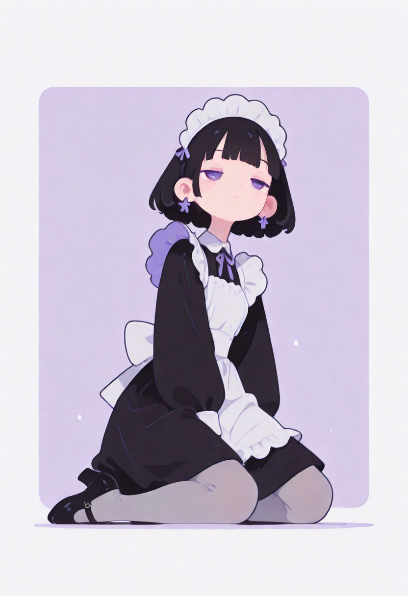 masterpiece, best quality, amazing quality, absurdres, newest, 1girl, solo, black hair, bobcut, purpleeyes, blunt bangs, tight gossamer very short victorian black maid dress, maid apron, 
medieval tavern in pastel color  background with thick white border,
half closed eyes, distant gaze, unfocused eyes, 
popping out of background, full body, from below, kneeling on one knee, windy, 
dynamic pose, 
grey tights, skinny upper body, matte grey tights, thick greytights, pumps,
 [skinny upper body], translucent skin, [[chubby thick legs]], bottom heavy,
ultra-realistic, Flatline, Flat vector illustration, haiz_ai, no lineart, no outline,
pplegs,  
<lora:haiz_ai_illu:0.8> <lora:flatline:1.65>  <lora:ponyv6_noobE11_2_adamW:0.25>  <lora:Slider-LimbWidth:1.75> <lora:Slider-LegLength:-1.5>  <lora:v0.04_Concept_pony:0.66>