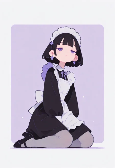 masterpiece, best quality, amazing quality, absurdres, newest, 1girl, solo, black hair, bobcut, purpleeyes, blunt bangs, tight gossamer very short victorian black maid dress, maid apron, 
medieval tavern in pastel color  background with thick white border,
half closed eyes, distant gaze, unfocused eyes, 
popping out of background, full body, from below, kneeling on one knee, windy, 
dynamic pose, 
grey tights, skinny upper body, matte grey tights, thick greytights, pumps,
 [skinny upper body], translucent skin, [[chubby thick legs]], bottom heavy,
ultra-realistic, Flatline, Flat vector illustration, haiz_ai, no lineart, no outline,
pplegs,  
<lora:haiz_ai_illu:0.8> <lora:flatline:1.65>  <lora:ponyv6_noobE11_2_adamW:0.25>  <lora:Slider-LimbWidth:1.75> <lora:Slider-LegLength:-1.5>  <lora:v0.04_Concept_pony:0.66>