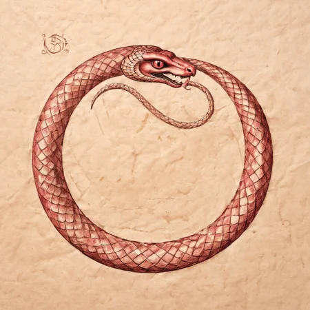 Ouroboros, ruby colored eyes, snake eating its own tail, snake with its tail in its mouth, snake, solo snake, drawn on ancient parchment paper, background is parchment paper. ancientegypt, detailed background.