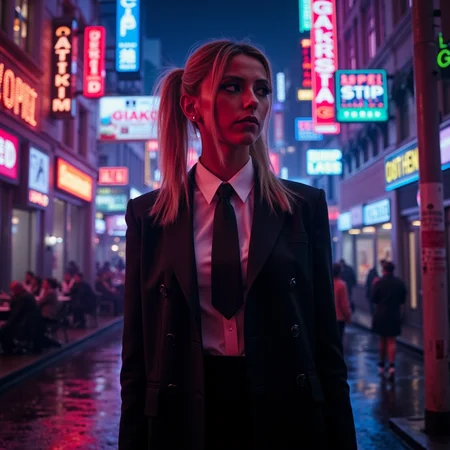 futuristic style neon noir surrealist art a beautiful blond woman, wearing a secretary uniform, in an office <lora:Riley_Voelkel:1> rileyv . dreamlike, mysterious, provocative, symbolic, intricate, detailed . cyberpunk, dark, rainy streets, neon signs, high contrast, low light, vibrant, highly detailed . sleek, modern, ultramodern, high tech, detailed