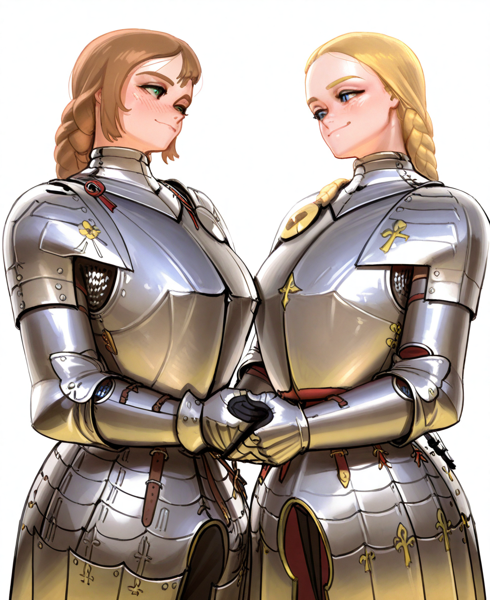 <lora:wassnonnamC:1> wass nonnam, wassnonnam,
(masterpiece), (best quality), (ultra-detailed), amazing quality, very aesthetic, illustration, perfect composition, intricate details, absurdres, incredibly absurdres, shiny skin, realistic,
 wassnonnam, armor, multiple girls, 2girls, blonde hair, blue eyes, white background, braid, simple background, chainmail, breastplate, plate armor, green eyes, looking at another, medieval, shoulder armor, gauntlets, smile, full armor, brown hair, pauldrons, blush, helmet, knight, unworn headwear, closed mouth, faulds, general