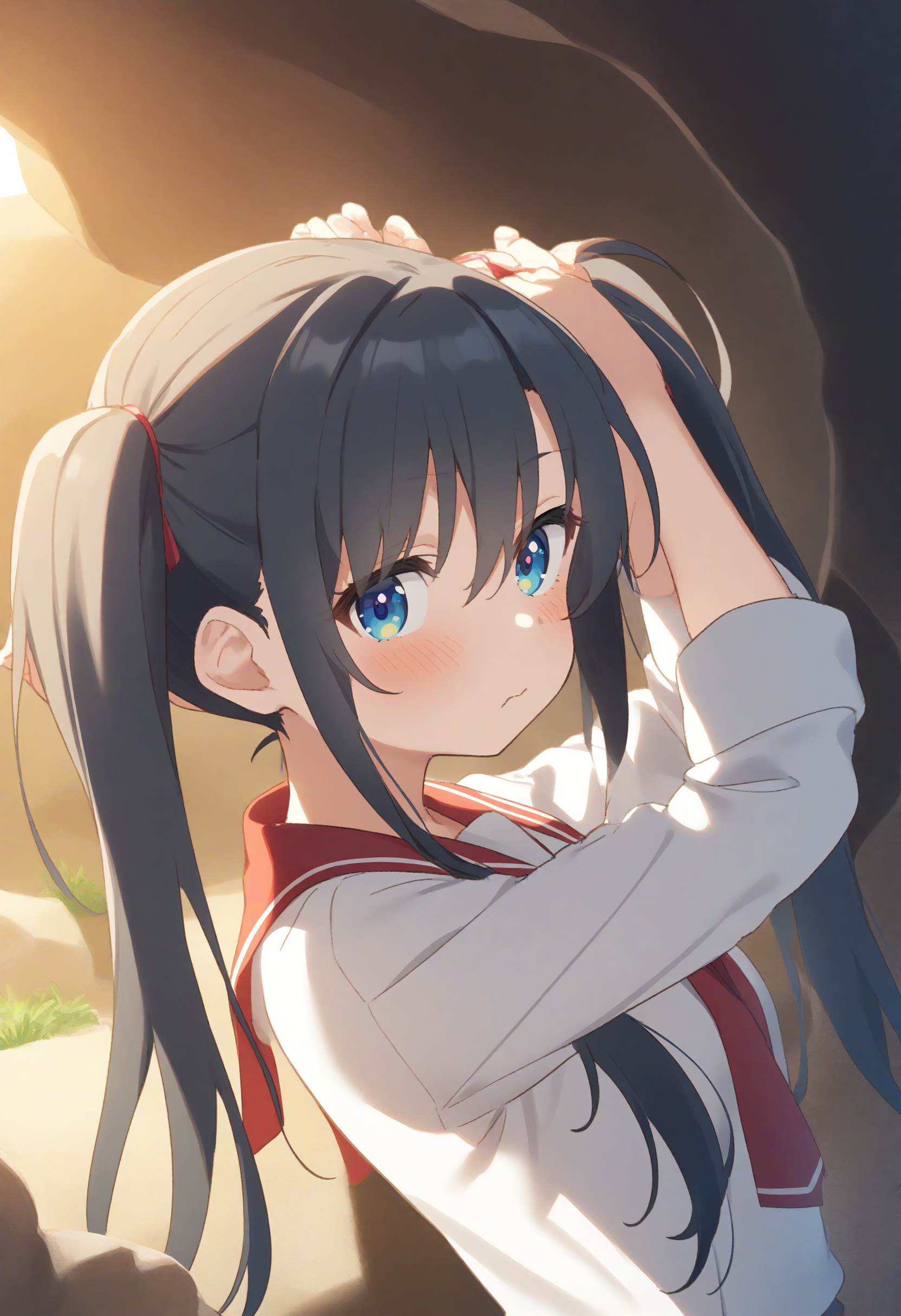 1girl,sincos, ningen mame, toosaka asagi,solo,medium breasts,school uniform,
tying hair,twintails,<lora:tyinghairtwintails_XL_v1:0.8>
from side, upper body, looking to the side, gray hair, white eyes,flustered, caves, closed mouth,
best quality, very aesthetic, absurdres