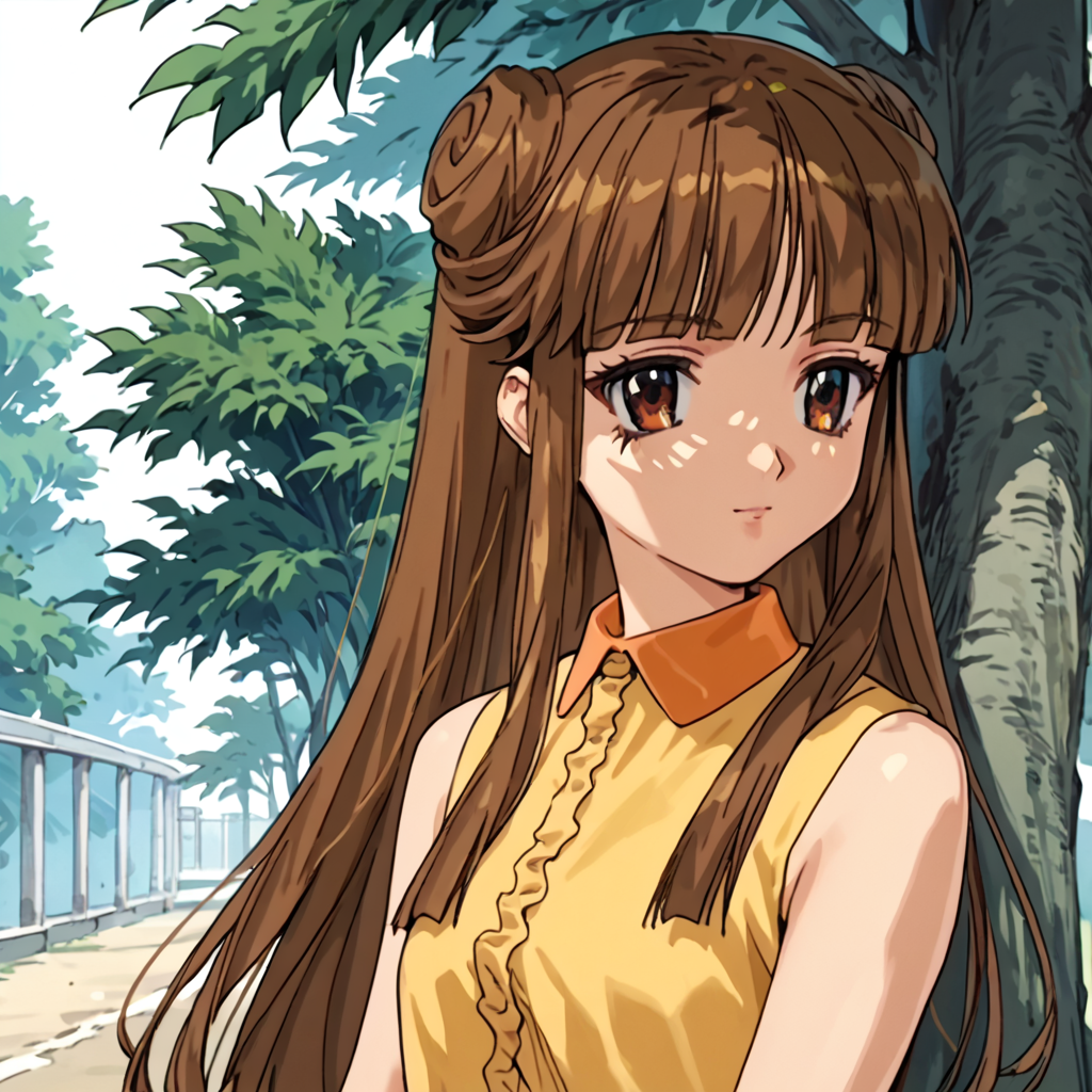 score_9, score_8_up, score_7_up, score_6_up, outdoors, <lora:Uruka_Sumeragi_ç_ããã_-_Steel_Angel_Kurumi_2_é¼éå¤©ä½¿ããã¿2å¼:1> uruka sumeragi, uruka, 1girl, solo, brown hair, long hair, blunt bangs, side locks, double bun, brown eyes, outfit-F, Yellow blouse, Sleeveless shirt, Orange collar, Belt accessory, Red skirt,