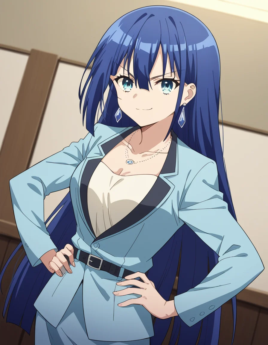 score_9, score_8_up, score_7_up, source_anime, <lora:ayano-yuugiri-s1-ponyxl-lora-nochekaiser:1>, ayano yuugiri, long hair, hair between eyes, blue eyes, blue hair, bangs,, skirt, jewelry, collarbone, jacket, pantyhose, earrings, belt, necklace, black pantyhose, formal, suit, blue jacket, skirt suit,, indoors, smug, smile, looking at viewer, solo, hands on hips,, cowboy shot, dutch angle