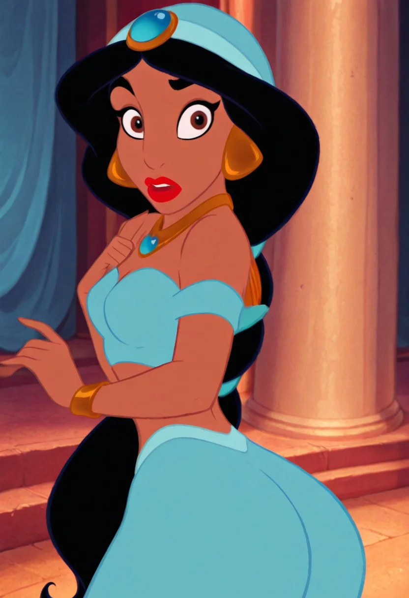score_9, score_8_up, score_7_up, ultra quality, solo, 1girl, jasmine, black hair, very long hair, brown eyes, lipstick, red lips, make-up, dark-skinned female, blue arabian clothes, jewelry, earrings, necklace, crop top, off-shoulder shirt, gem, surprised, hips focus, breasts, big hips, big butt, bubble butt, curvy, narrow waist, standing, upper body, looking to the viewer, close up, screencap,