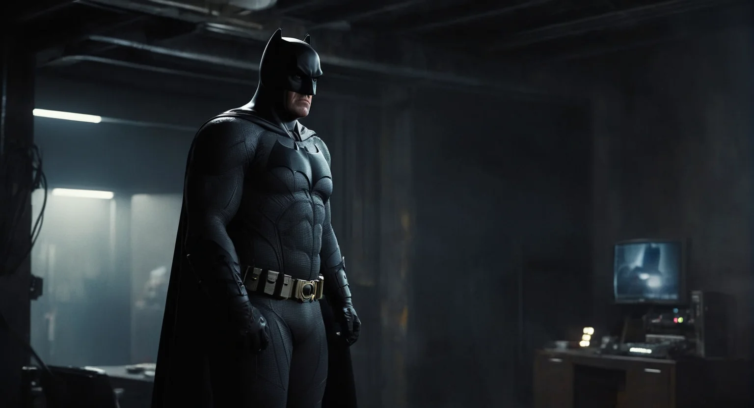 concept art of Cinematic Film stock footage in (arri alexa style) Kodak film print, <lora:batman:1> batman a man bruce wayne in a black batman costume standing in a dark room, digital artwork, illustrative, painterly, matte painting, highly detailed