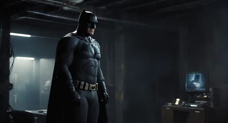 concept art of  Cinematic Film stock footage in (arri alexa style) Kodak film print,   <lora:batman:1> batman a man bruce wayne in a black batman costume standing in a dark room, digital artwork, illustrative, painterly, matte painting, highly detailed