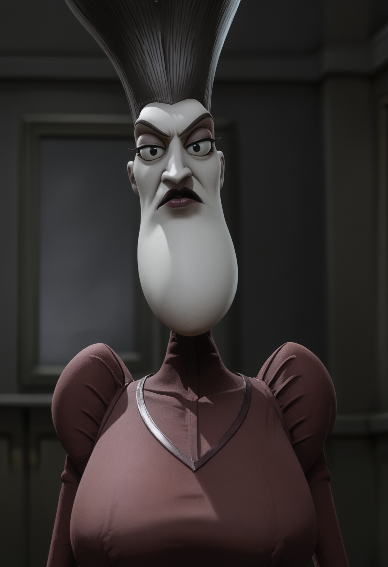 <lora:Maudeline_Everglot-Corpse_Bride:0.9>,Maudeline Everglot,mature female,1girl,solo,large breasts,red dress,upper body,looking at viewer,indoors