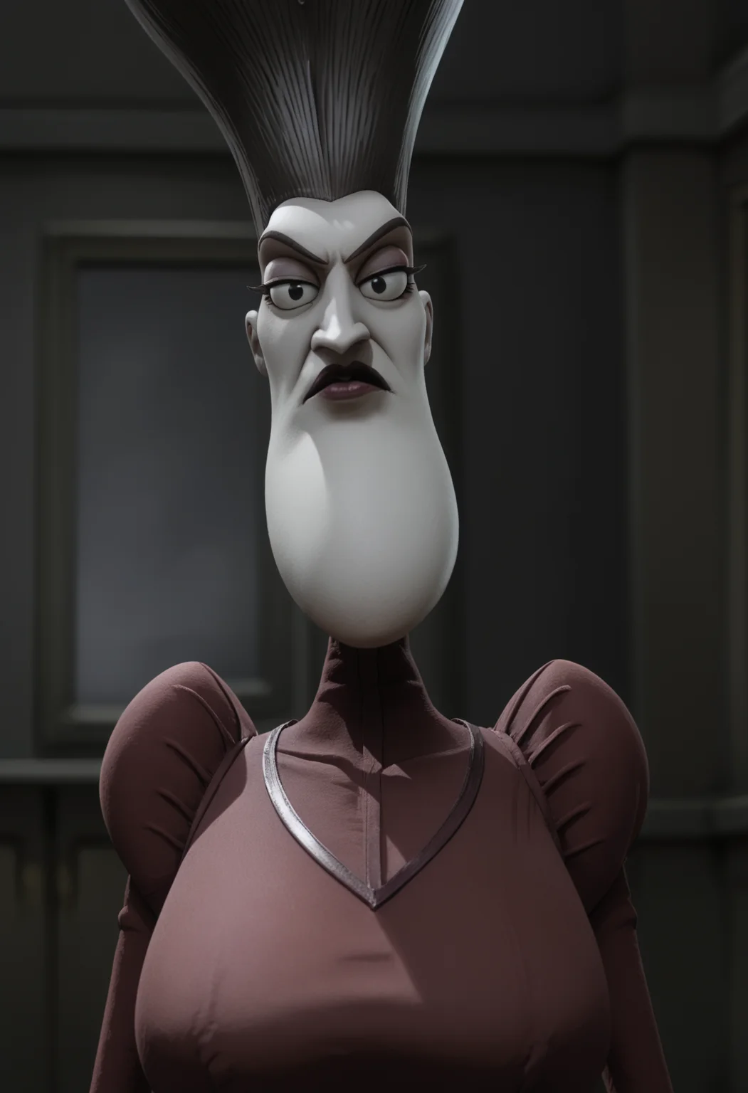 <lora:Maudeline_Everglot-Corpse_Bride:0.9>,Maudeline Everglot,mature female,1girl,solo,large breasts,red dress,upper body,looking at viewer,indoors