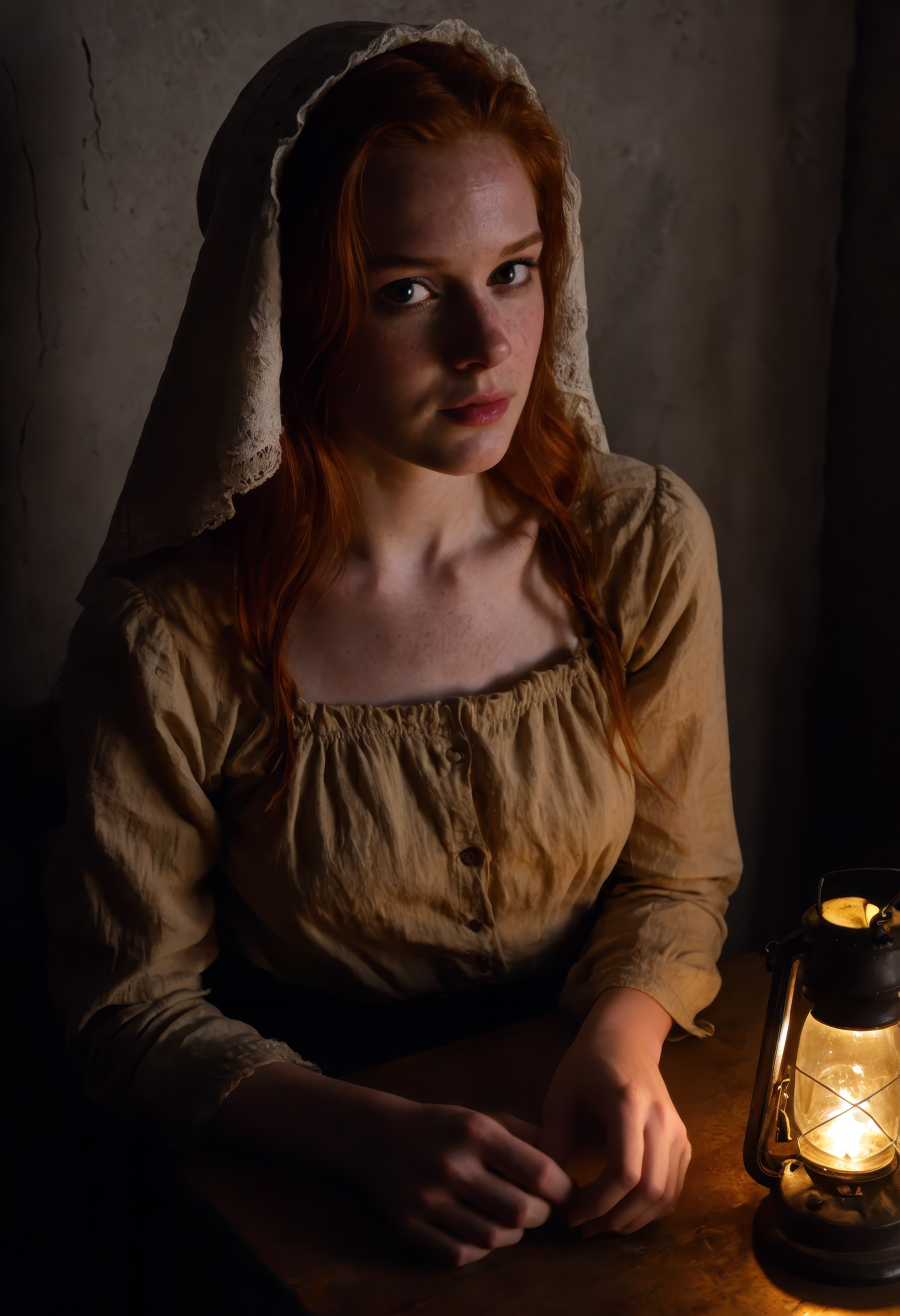 sdxl_jessidom, a young ginger-haired woman with her hair tucked under a linen bonnet, her freckled pale skin glowing in the dim candlelight, seated at a scarred wooden table in a narrow tenement kitchen, stitching by hand under a flickering oil lamp, shadows cast across soot-streaked walls and cracked plaster, the faint scent of coal and boiled potatoes in the air, a moment of silent determination etched into her downcast amber eyes, soft chiaroscuro lighting evoking intimacy and hardship