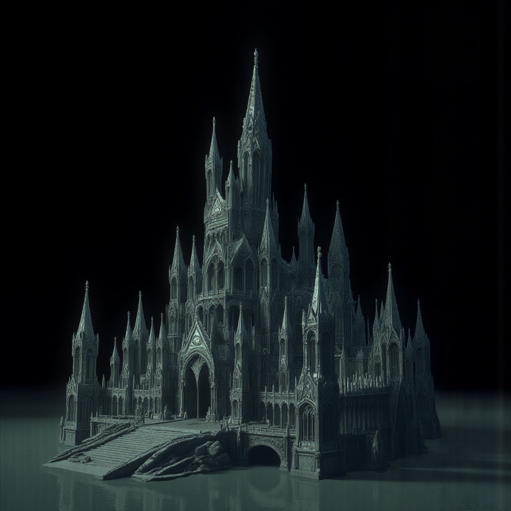 A Medieval castle with elderscrolls inspired aestetics and legend of zelda
Set against a solid dark black color background to emphasize its unsettling unnatural form that emphasizes its silhouette. The medium is not a traditional painting or illustrative medium like watercolor or ink but rather a digital 3D rendering.
MikeFranchinastyle, d4artstyle, d4concept, , bbstyle,, horror theme,, zbrush, ZBClay model of a gray sculpture, 1990's, 1990's style