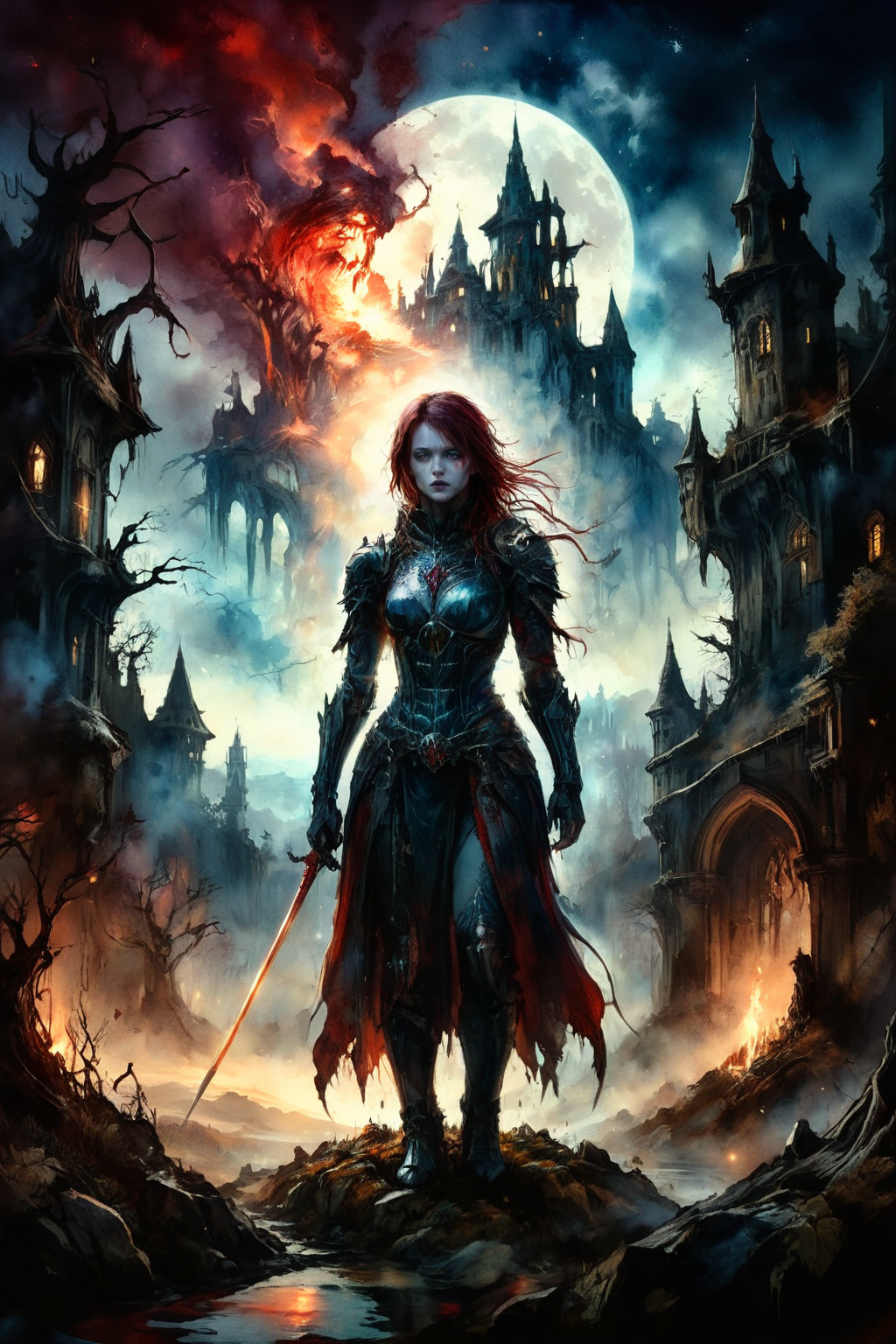 A hyperdetailed, exquisite digital watercolor of a terrifying female knight standing before a hideous, glowing fortress. The scene is inspired by Carne Griffiths and Wadim Kashin, featuring deep, rich colors and a gothic, October atmosphere. The composition is perfect, capturing an eldritch and creepy fortress landscape with a dramatic and frightening tone. The tranquil scene is rendered in 32k resolution, showcasing a complex and razor-sharp background with dynamic lighting. This masterpiece evokes a sense of dread and eeriness, blending realistic watercolor techniques with a surreal, gothic aesthetic.
<lora:ral-mtclniscp-sdxl:0.6> ral-mtclniscp,
<lora:add-detail-xl:1.0>,
<lora:EldritchMixIllustration_1.0:0.5>,
<lora:WildcardX-XL-Detail-Enhancer:0.85>,
<lora:EnvyBetterHiresFixXL01:1.0>,
<lora:extremely_detailed:1.0>, extremely detailed,
<lora:SDXLFaeTastic2400:0.35>
