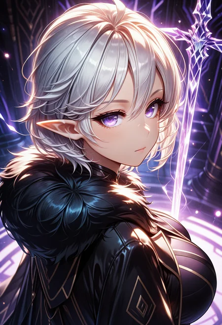 masterpiece, best quality, anime, BREAK 1girl, solo, ms reina,purple eyes, white hair, short hair, large breasts, pointy ears,slender,black body suit, fur coat, cape:1.4,expressionless, dark aura,
,blurry, blurry background, (from above:1.2),looking at viewer, from side,(looking back:1.2),looking up,(light particles:1.6), upper body, (purple light:1,6), <lora:RealisticAnimeIXL:0.6> bokeh, luminescent background, <lora:Dramatic Lighting Slider:6>, <lora:swordsalute-pose-richy-v1_ixl:1> swordup, looking at viewer, close-up <lora:Reina-ILXL-V1:1>