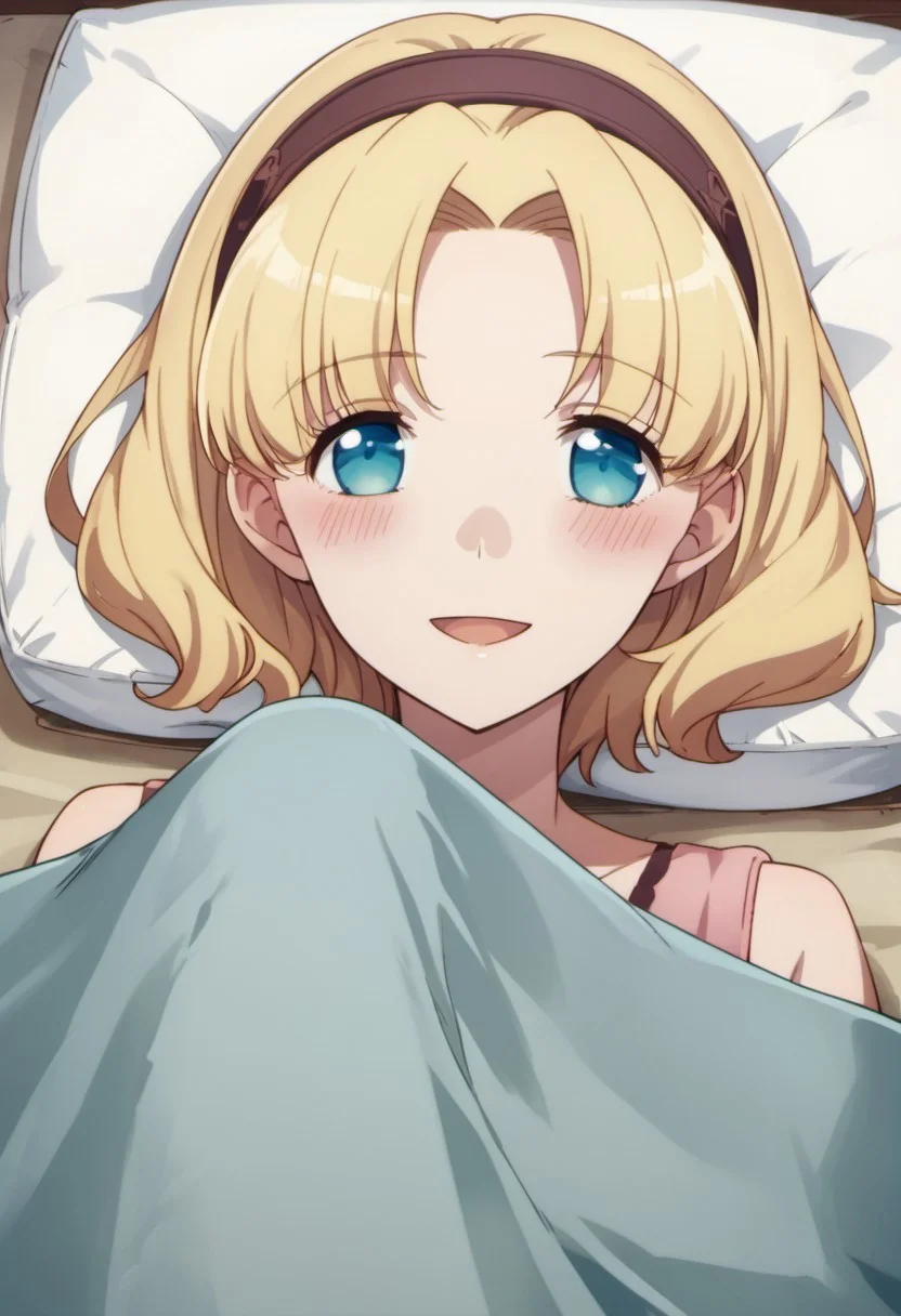 score_9, score_8_up, score_7_up, source_anime, maria campbell, blonde hair, short hair, blue eyes, 1girl, solo, smile, blush, hairband, anime coloring, open mouth, looking at viewer, under covers, pillow, lying