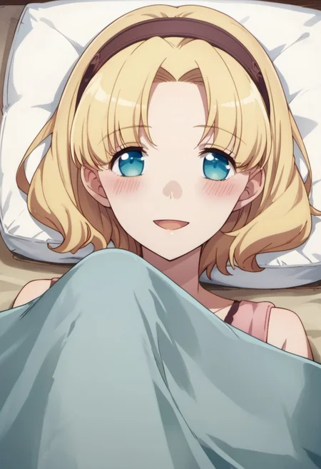 score_9, score_8_up, score_7_up, source_anime, maria campbell, blonde hair, short hair, blue eyes, 1girl, solo, smile, blush, hairband, anime coloring, open mouth, looking at viewer, under covers, pillow, lying