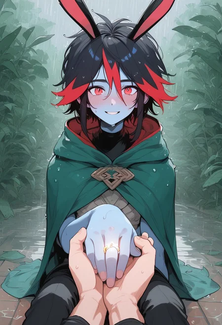 score_9, score_8_up, score_7_up, score_6_up, score_5_up, (art, rain, wet, bunny ears, metal floor, (wedding ring, marriage proposal, pov, pov hands, hand grab), sitting, knees up, green cape, tattered cape, hood up, tattered shirt, black pants, hair ornament, 1femboy, bob hair, black hair, red streak, blue skin, smile, blush, jungle background)
