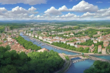detailed, background: medieval city with tall walls, frond ground: farmer's market along road to city's gate, left side from market: not wide river with small pier, where stand some boats, shinig, day,