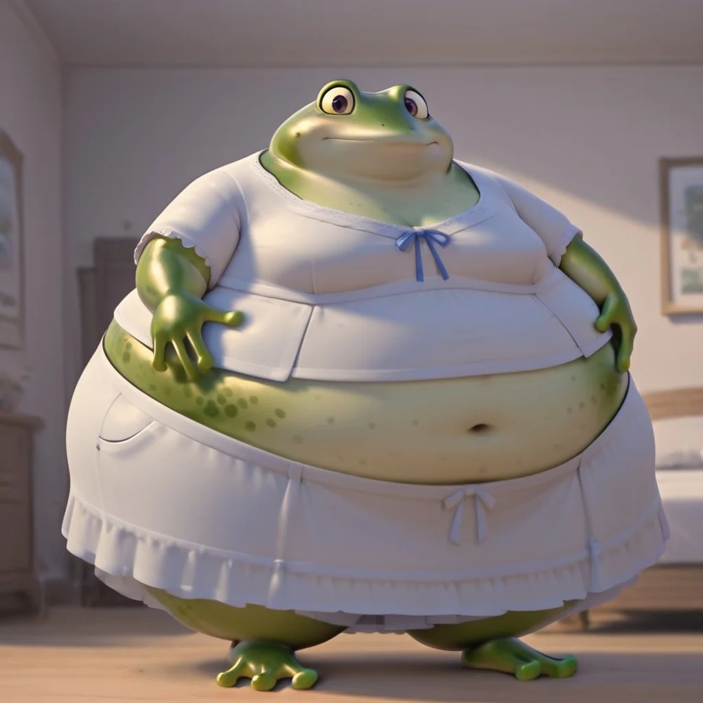 Female, Frog, No Humans, Summer Dress, obese, big belly, Bedroom, hand on belly, ((obese:1.8))