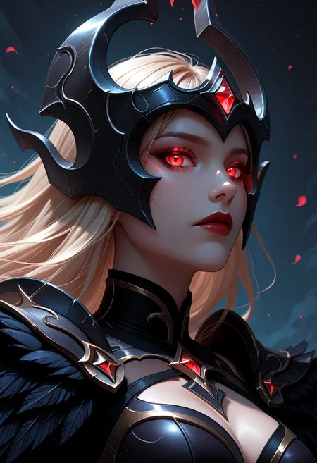 cvSyndra, dark gothic sorceress,
elegant black and violet armor, intricate feathered pauldrons, ornate corset with glowing violet accents, high collar, dark regal headdress with red gem in the middle, red orbs, high fantasy, closeup, dynamic pose, red eyes, glowing eyes, light blonde hair, portrait, monochromatic color, black, ethereal woman in soft light, shadow crawling behind her expression, neutral, looking at viewer, dream or illusion, palette porcelain skin, style surreal, cinematic, angle half-lit portrait, profile,