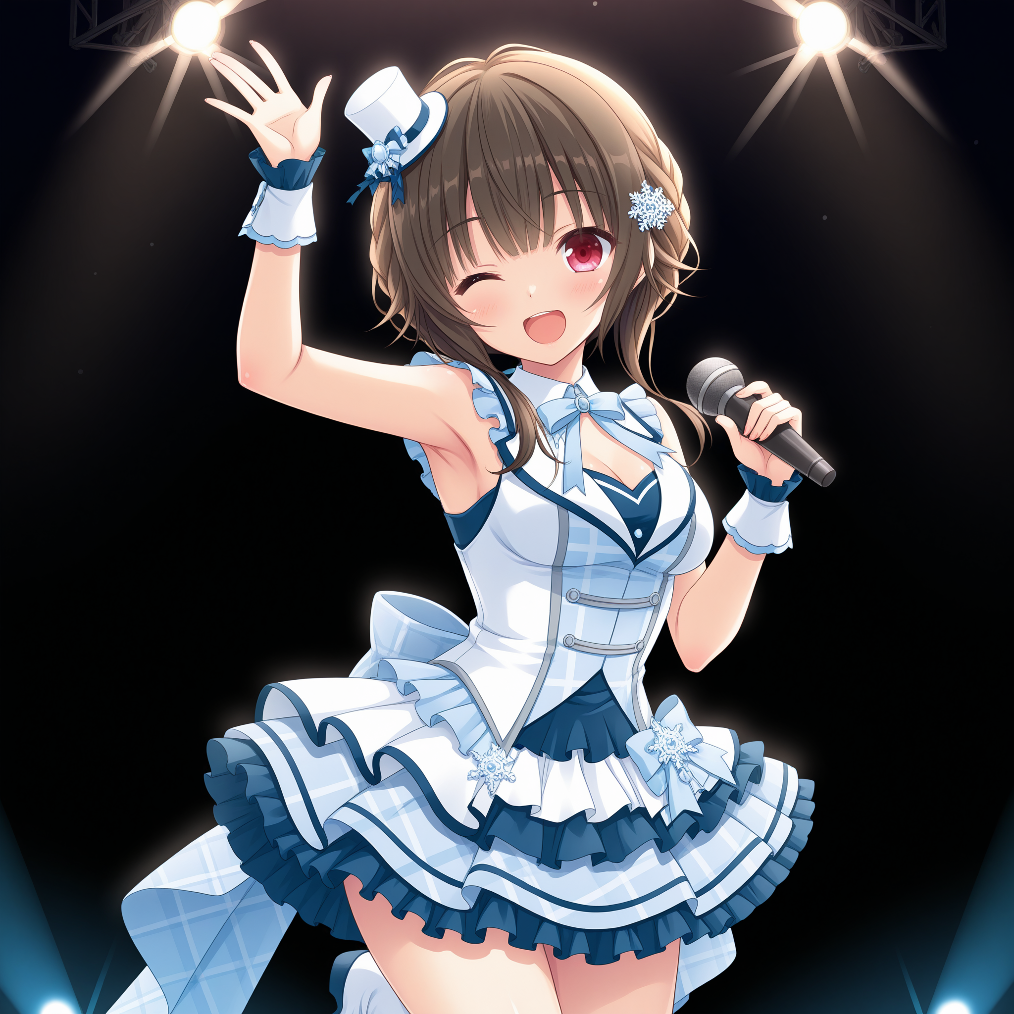 <lora:Amagamine_Renna_2_nai-000083:1>,Amagamine Renna,braid,snowflake hair ornament,
official outfit,idol,idol clothes,mini hat,top hat,wrist cuffs,sleeveless,layered skirt,frilled skirt,white skirt,blue skirt,white dress,frilled dress,blue bow,blue ribbon,knee boots,white footwear,
BREAK
1girl,solo,smile,solo,stage lights,dark,simple background,black background,glowing,light,front view,standing on one leg,arm up,holding microphone,one eye closed,