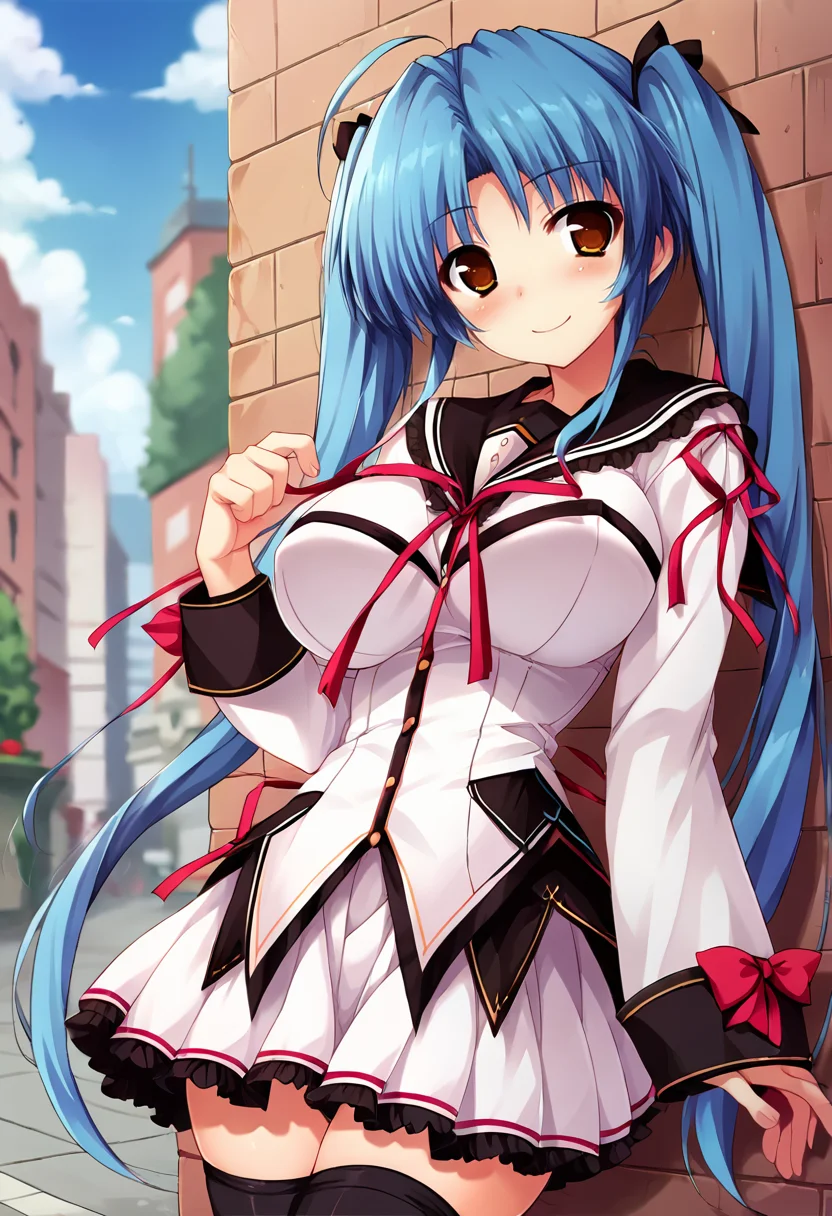 score_9, score_8_up, score_7_up, masterpiece, source_anime, 1girl, ct_okihara, brown eyes, blue hair, twintails, long hair, hair ribbon, ahoge, large breasts, frilled sailor collar, sailor shirt, puffy long sleeves, white vest, neck ribbon, red bow, red ribbon, frilled skirt, black thighhighs, looking at viewer, outdoors, city, depth of field, day, cowboy shot, hand up, shiny skin, smile, happy,<lora:OkiharaKotoha_Pony_ct:1>