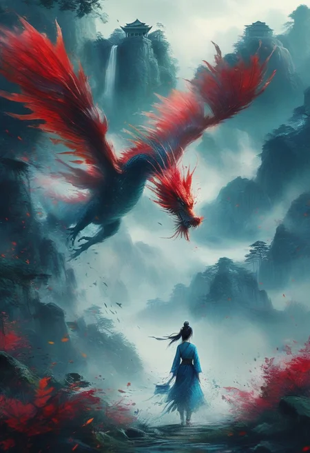 A colorful ink sketch,A dynamic scene of the damsel sprinting through the jungle with the dragon looming behind her, its eyes glowing a fierce red. The creature’s wings spread wide, casting shadows across the ancient ruins as it chases her. Her expression is one of fierce determination as she clutches a small glowing relic. The silver tones and lush jungle setting create an intense, fantasy atmosphere. 4K, hyper-realistic, filled with movement and suspense