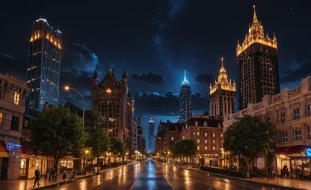 HDR photo of cinematic film still cinematic photo breathtaking score_9,score_8_up,score_7_up BREAK 8k,masterpiece,high quality,lora:skyline:1>,sky,city,lights,night,building,tower,scenery,bidge,architecture,cityscape,skyline,outdoors,skyscraper,background,street,humans,river,cloud,painting,tree,water, . High dynamic range, vivid, rich details, clear shadows and highlights, realistic, intense, enhanced contrast, highly detailed
