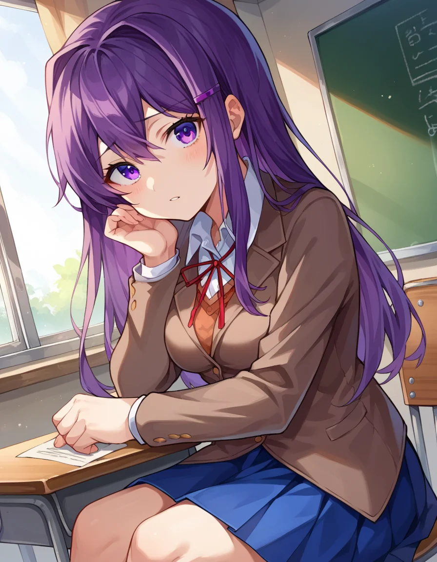 score_9, score_8_up, score_7_up, source_anime,
ddlcyuri, <lora:ddlc-yuri-ponyxl-lora-nochekaiser:1>
ddlcyuri, hair ornament, hairclip, long hair, purple eyes, purple hair,
blazer, blouse, blue skirt, jacket, brown jacket, miniskirt, neck ribbon, ribbon, school uniform, shirt, skirt, white shirt, wing collar,
indoors, classroom, sitting, desk, chair,
looking at viewer, dutch angle, cowboy shot,
