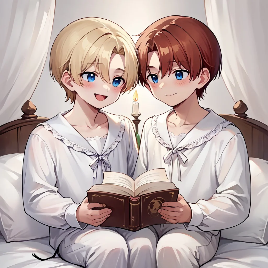 score_9, score_8_up, score_7_up, score_6_up, score_5_up, source_anime, painterly, 2boys, boy A and boy B, 18 years old, ((small body)), (same size), multiple boys, long sleeves, ruffle shirt, lace up, drawstring, large wooden headrest, nice fancy bedroom, (white nightgown:1.1), white nightshirt, [dress], white pajamas, victorian era, sitting up in bed, collarbone, white blankets, canopy bed, leaning back on large pillows, ((big white pillows)), [candlelight], (dark light), reading a book, looking at book, soft warm lighting, (absurd detail), (masterpiece:1.1), (high quality), (4k), (detailed anime, anime artwork), straight hair, holding a large book, reading, close up, cozy, (shoulder to shoulder), resting on pillows, next to each other, on bed, warm light, straight hair <lora:m1n0XLP:0.5> m1n0, ((high_quality)), ((Super_Detailed)), 
BREAK boy A(((light blonde hair)), ((bangs)), hair between eyes, blue eyes, soft smile, closed mouth, [blush], turning head to look at boy B, looking over shoulder, looking at boy B),
BREAK boy B(auburn hair, parted bangs, golden eyes, open mouth, [laughing]),