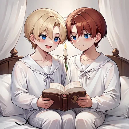 score_9, score_8_up, score_7_up, score_6_up, score_5_up, source_anime, painterly, 2boys, boy A and boy B, 18 years old, ((small body)), (same size), multiple boys, long sleeves, ruffle shirt, lace up, drawstring, large wooden headrest, nice fancy bedroom, (white nightgown:1.1), white nightshirt, [dress], white pajamas, victorian era, sitting up in bed, collarbone, white blankets, canopy bed, leaning back on large pillows, ((big white pillows)), [candlelight], (dark light), reading a book, looking at book, soft warm lighting, (absurd detail), (masterpiece:1.1), (high quality), (4k), (detailed anime, anime artwork), straight hair, holding a large book, reading, close up, cozy, (shoulder to shoulder), resting on pillows, next to each other, on bed, warm light, straight hair <lora:m1n0XLP:0.5> m1n0, ((high_quality)), ((Super_Detailed)), 
BREAK boy A(((light blonde hair)), ((bangs)), hair between eyes, blue eyes, soft smile, closed mouth, [blush], turning head to look at boy B, looking over shoulder, looking at boy B),
BREAK boy B(auburn hair, parted bangs, golden eyes, open mouth, [laughing]),