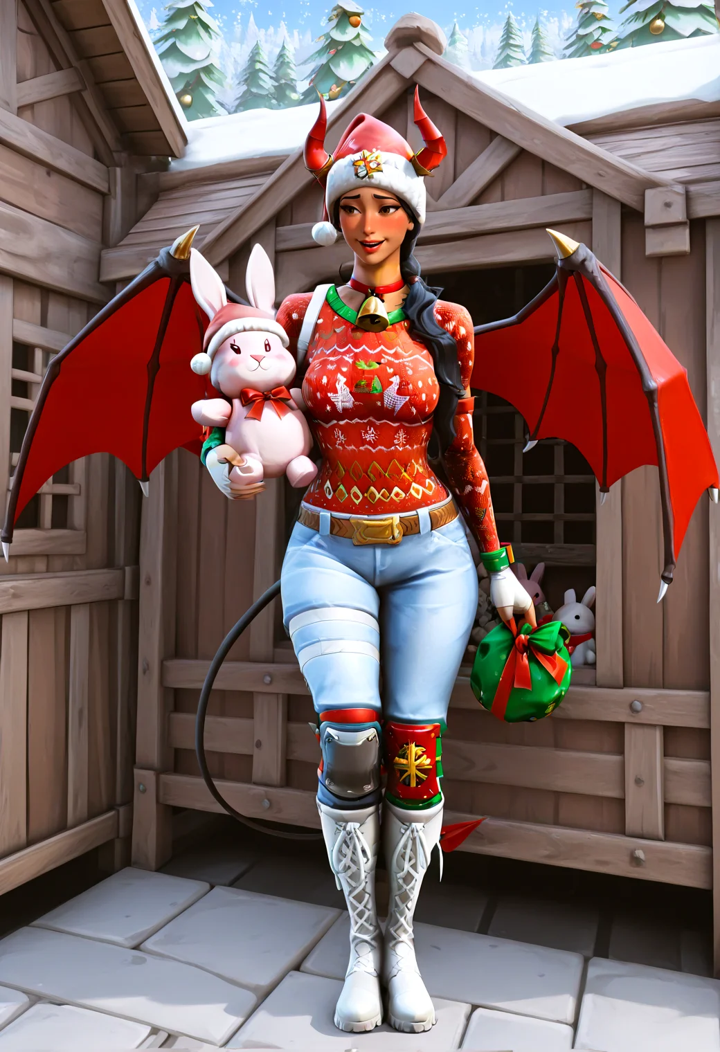 IllustriousQual <lora:StS-Illustrious-Detail-Slider-v1.0:2> <lora:cfg_scale_boost:0.3> detailed_background, chicken coop, <lora:Nog_Ops_IL_V1:0.8> NogOpsIL, santa hat, black hair, braid, brown eyes, dark skin, fingerless gloves, sweater, christmas sweater, red clothing, white clothing, snowflake print, belt, denim, thigh strap, knee guard, boots,detailed_background,outdoors,hair ornament,red ribbon,china dress,animal ears,holding,rabbit ears,red horns,very long hair,1girl,long hair,stuffed toy,blush,stuffed rabbit,demon wings,pink eyes,neck bell,tail,jingle bell,ribbon