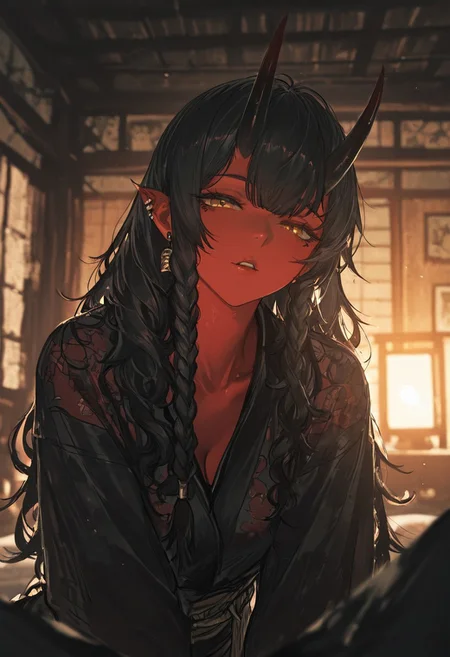 <lora:nhl-003-wai-15:0.7> nhl-003
(guweiz, konya karasue, dino \(dinoartforame\):1.2), film grain, (cinematic:1.3), textured sketch, 
BREAK
sexy, slutty, hot, aroused, 
Aka-Oni, oni, colored skin, red skin, smooth horns, black horns
BREAK
(EyesHD:1.2), (4k,8k,Ultra HD), masterpiece, best quality, ultra-detailed, very aesthetic, sharp focus, depth of field, ray tracing, best lighting, detailed illustration, detailed background, cinematic, beautiful face, beautiful eyes, 
BREAK
detailed background, eyelashes, erotic, looking seductive, coy. dynamic action image, detailed face, detailed eyes, direct mesmerizing gaze, 
BREAK
BREAK
Hair(front_braid, curly_hair)