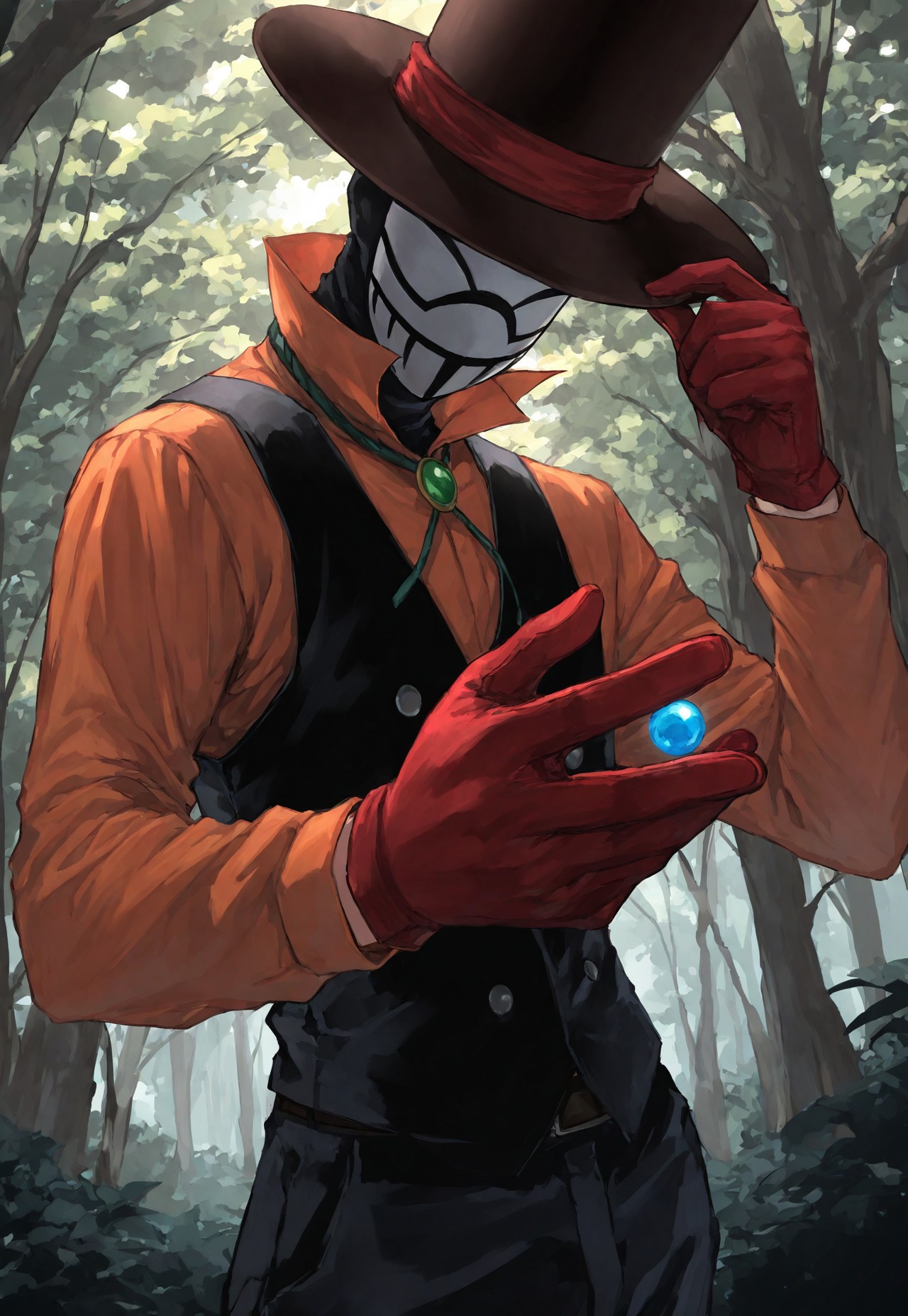 Smooth_Quality, masterpiece, best quality, amazing quality, very aesthetic, absurdres, newest, detailed background, 3ompress, 1boy, solo, top hat, mask, balaclava, shirt, red gloves, upper body, small marble, between fingers, forest