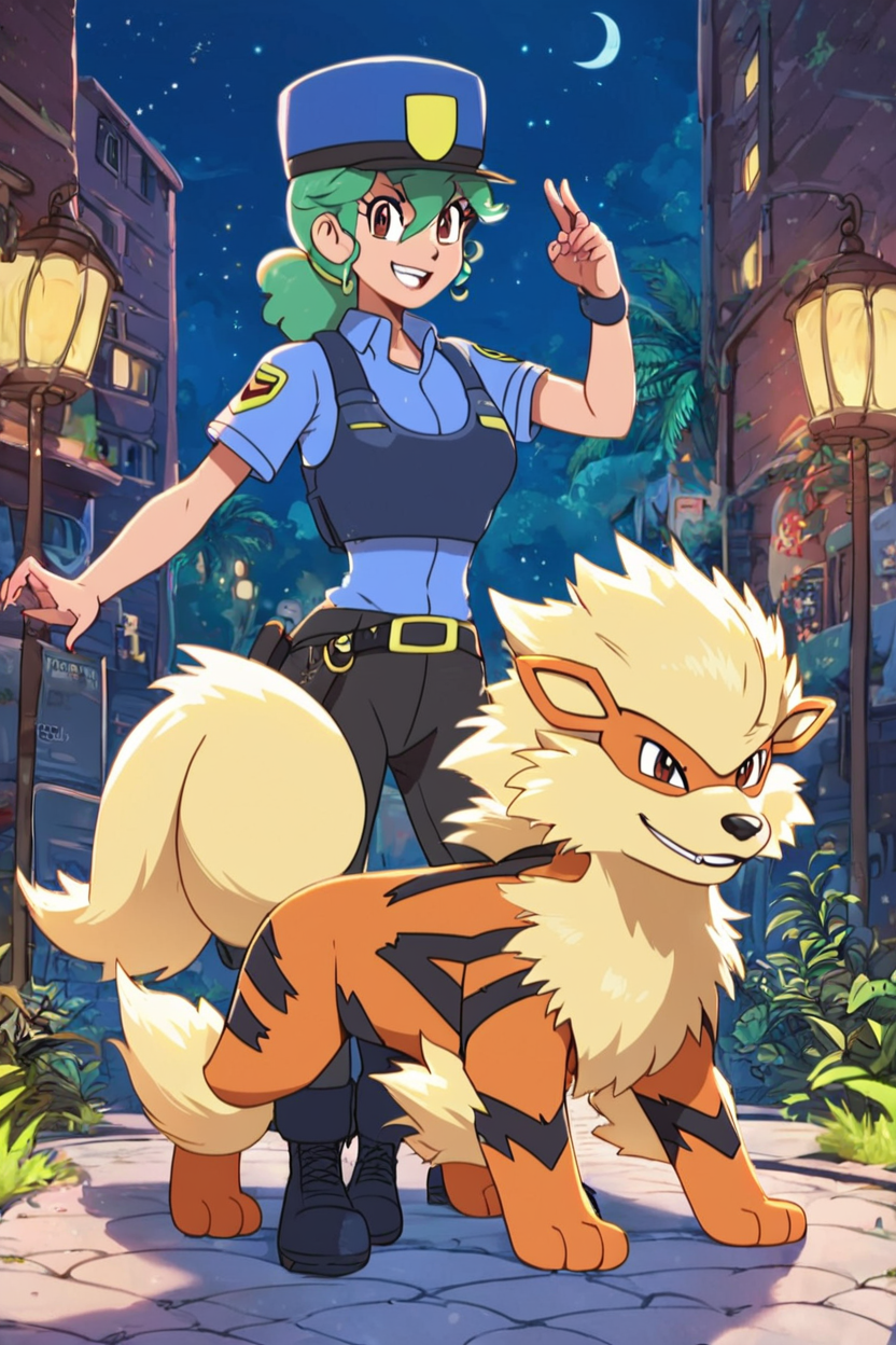 score_9, score_8_up, score_8, medium breasts, (curvy), cute, eyelashes,      ,,,  zzJenny, brown eyes, hair between eyes, green hair, long hair, ponytail, short hair, police uniform, policewoman, shirt, police hat, blue shirt, collared shirt, black pants, arcanine, fiery mane, dog, loyal companion, standing together, protective pose, fierce expression, uniform details, canine hero, action pose, city background, police station, street lights, night scene, dramatic lighting, teamwork  <lora:JennySunMoonPDXL:1.0>,   zzArcanine, <lora:Arcanine_Pokemon_PDXL:0.8>,  ,,, smile, looking at viewer,  ,,, embedding:zPDXL, Expressiveh, <lora:SDXLFaeTastic2400:0.5>,  <lora:Expressive_H-000001:0.4>,