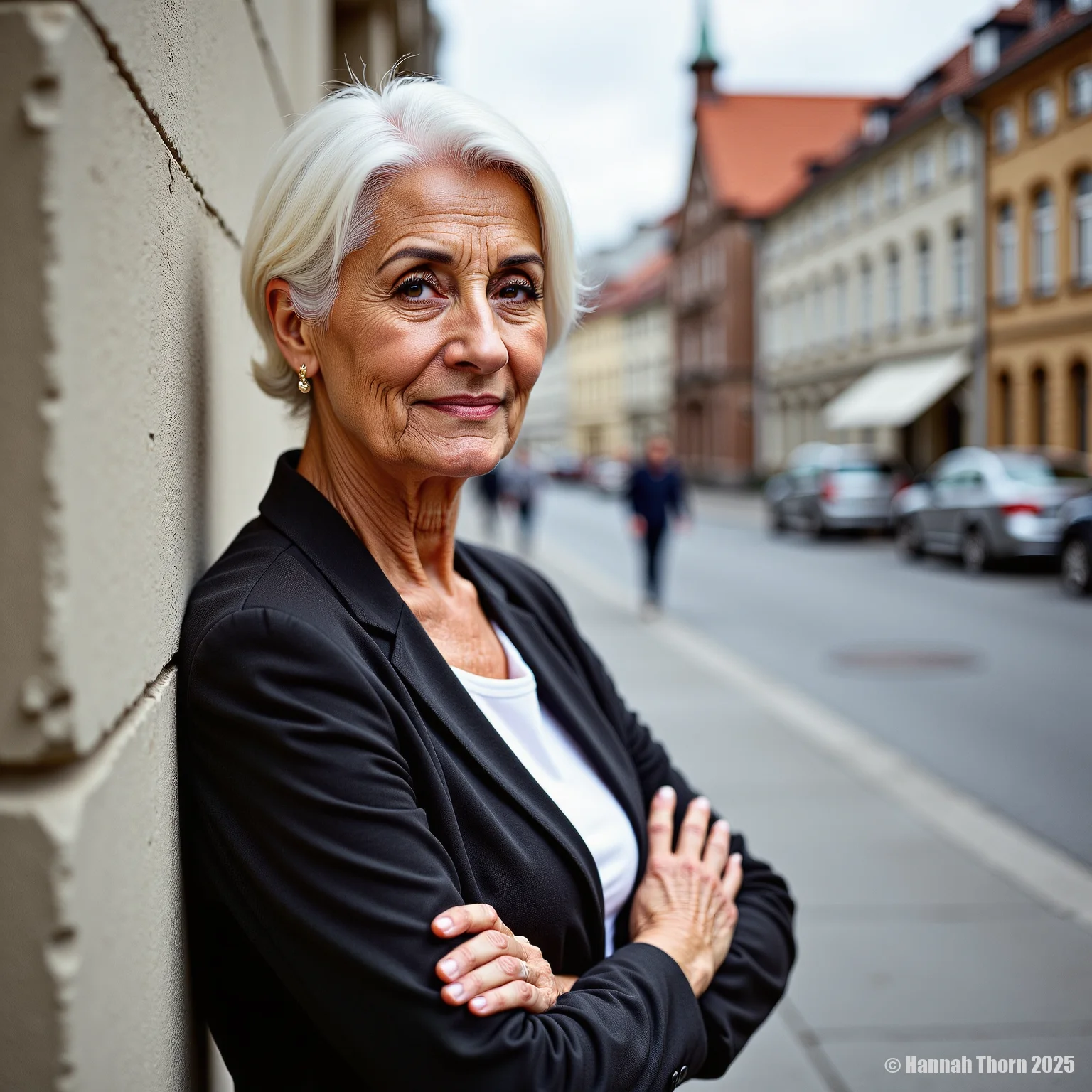 An elderly woman with white hair leans on a wall<lora:_Flux\_Hannah\OldHannah.safetensors:1.0:1.0>