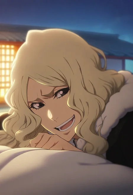 masterpiece, best quality, , , , depth of field, 1boy, male focus, black eyes, platinum blonde hair, wavy hair, parka,, solo, close-up, town, japanese architecture, light, lying, on stomach, laughing, <lora:bleach_tybw_style_ilxl:0.86>, bleach_tybw_style,