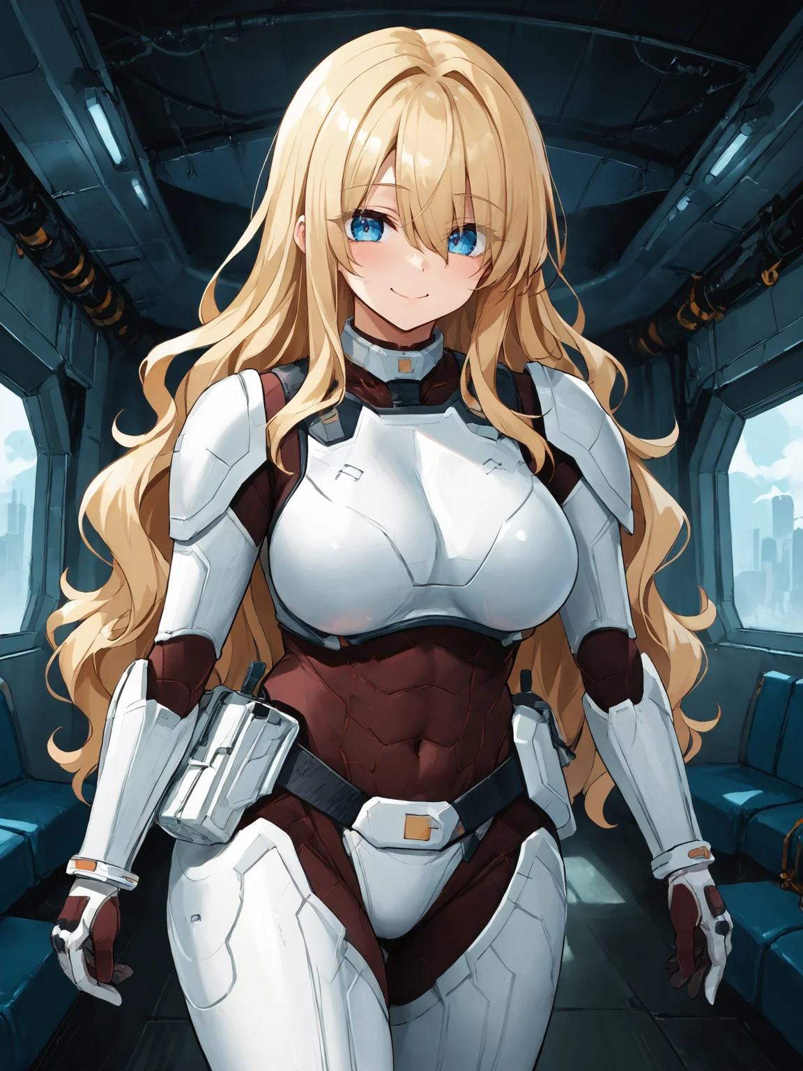 score_9, score_8_up, score_7_up, <lora:offset_0.2:0.1>, <lora:spo_sdxl_10ep_4k-data_lora_webui:1>, BREAK,
1girl, solo, source_anime, BREAK,
terraformarsmoviebodysuit, armored bodysuit, black bodysuit, white armor, boobplate, shoulder pads, wrist guards, black gloves, white gloves, utility belt, belt pouch, hip armor, crotch plate, thigh armor, <lora:Terraformars:1>, BREAK,
blonde hair, long hair, wavy hair, hair over eyes, eyes visible through hair, blue eyes, huge breasts, looking at viewer, smile, blush, BREAK,
indoors, spaceship