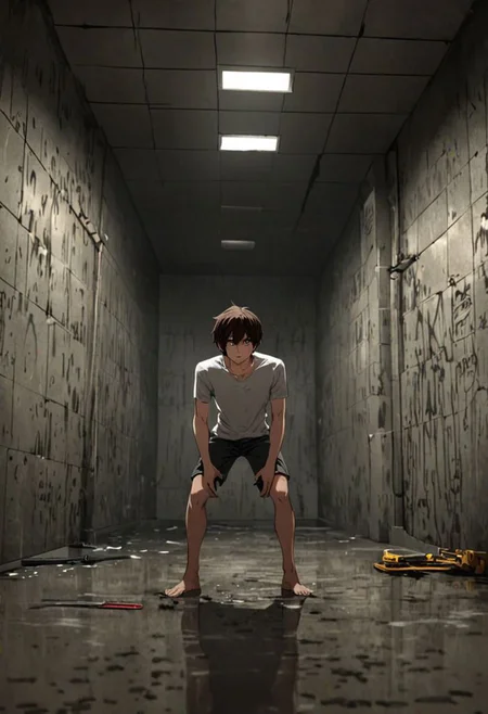 Highres, Masterpiece, High Quality, 4K, 8K, solo, 1Boy, Seiya Kanie, short dark brown hair, golden eyes, interrogation room, kidnapper, basement, dark, dimly lit, concrete walls, eerie, abandoned room, damp, stuffy, concrete floor, satisfied expression, revenge, looking down at viewer from bottom, threatening, intimidating, dominant, standing on top, weapons, rulers, easynegative, detailed_eye_model