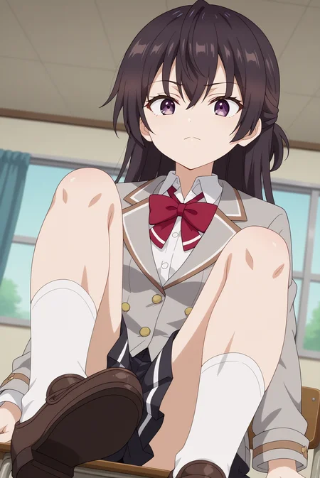 score_9, score_8_up, score_7_up, anime screencap,source_anime, anime coloring,anime screencap, 1girl, Yuki Suou, long hair, solo , black hair, hair between eyes, brown eyes, purple eyes, ,brown hair, 1girl, red bow, grey jacket, collared shirt, school uniform, white shirt, red bowtie, ,long sleeves, open jacket, sit, bottom view, black loafers, long white socks, presenting feet <lora:Yuki Suou_epoch_1.safetensors:0.8>