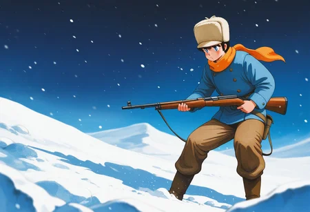 masterpiece, best quality, amazing quality, very aesthetic, absurdres, intricate details, vibrant colors, 1980s \(style\), svcc, traditional medium, male focus, Corio, 1boy, solo, short hair, fur hat, blue eyes, bangs, black hair, aged up, orange scarf, blue long sleeves, button, boots, brown long pants, a teen boy hunting in the snow, rifle, gun, hold, holding weapon, snow fall, stoic expression, scenery, innocence lost,